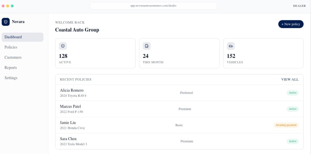 Novara dealer dashboard on desktop showing stats and recent policies